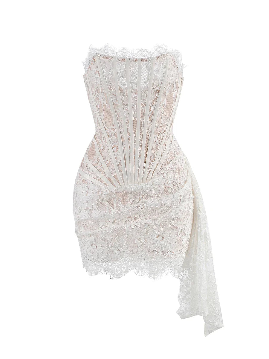 VC Christmas Dress For Women Red Lace Sexy Strapless Sleeveless Slim Supper Short Dress With Lace-Up