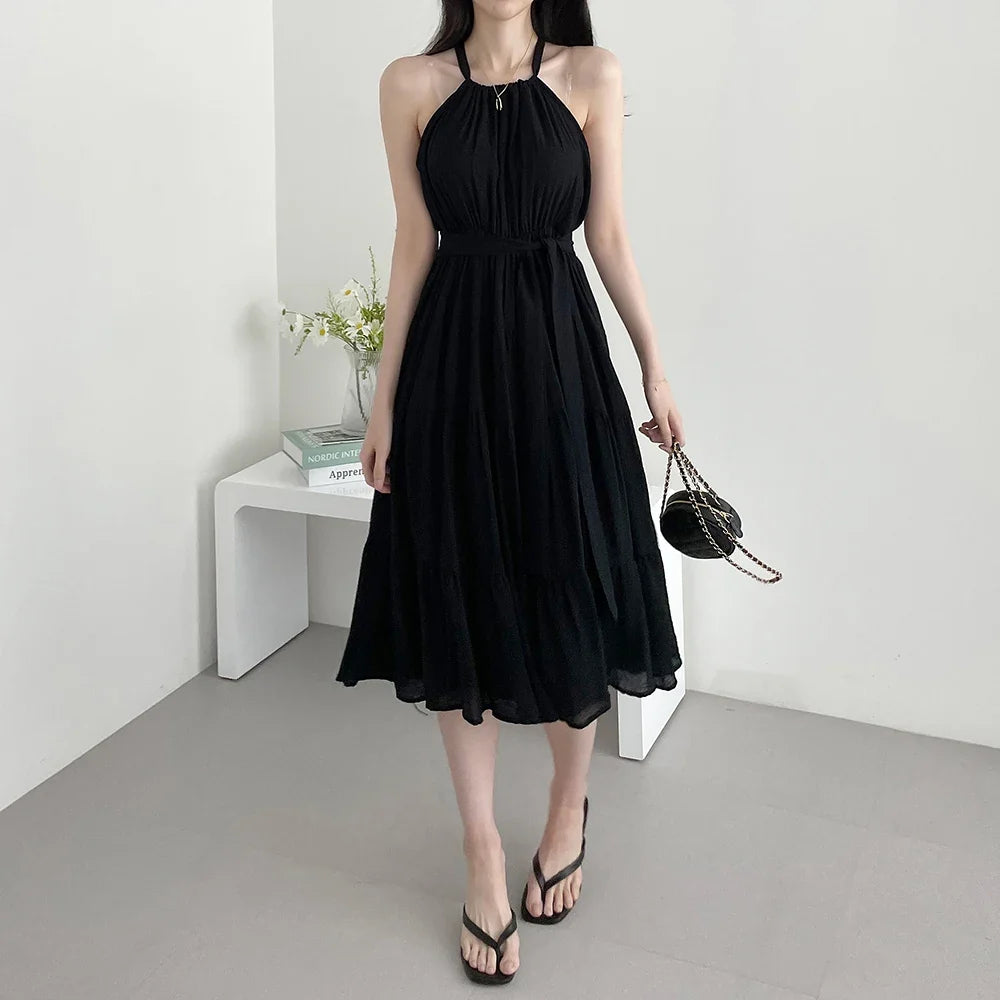 Korean Style Summer Slimming Necktie Waist Cinched Sleeveless Vest Long Dress Women's Fashionable Commute Style Inner Wear
