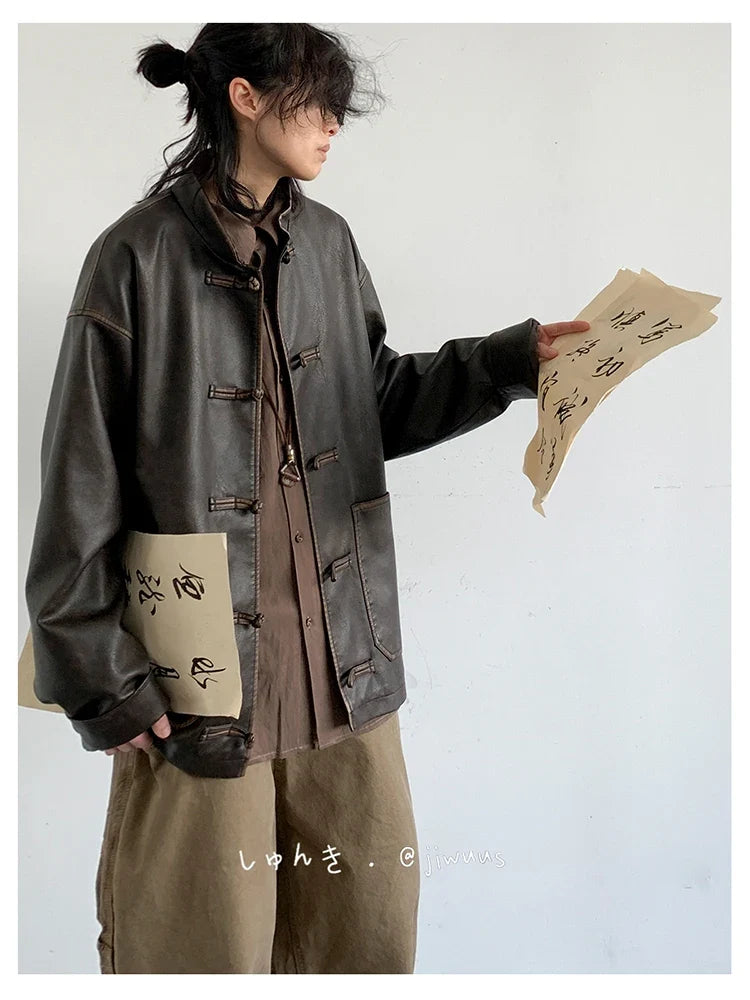 Spring Cool Oversized Vintage Distressed Pu Leather Jacket Men Elegant Luxury Designer Chinese Style Clothes 2024
