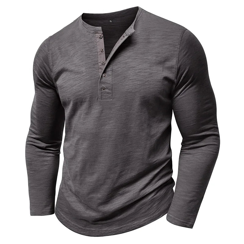 New Autumn Long Sleeve T-Shirt Mens Casual Solid Color Top Henley Neck Slim Versatile Work T-shirt Breathable Outdoor Thin Tee