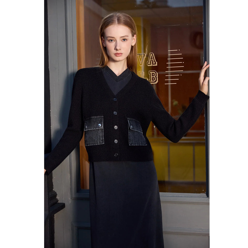 Women 2026 Autumn and Winter Denim V-neck Dress Knitting Cardigan Mock Neck Modal Shirt