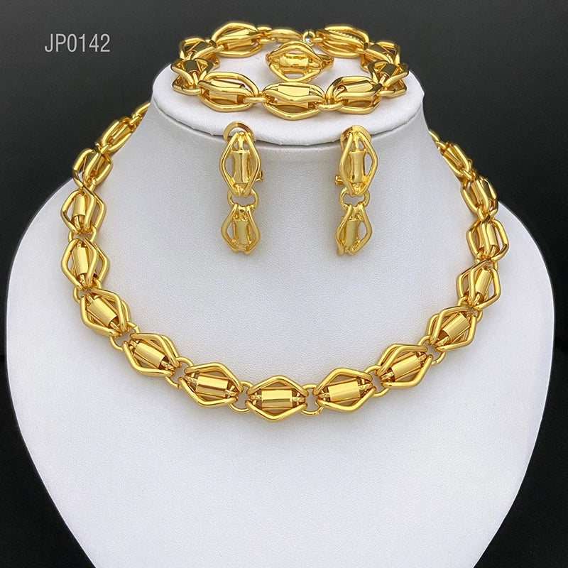 Dubai Nigeria Jewelry Set For Women Classic Design Beads Necklace Earrings Ring Bracelet 18K Gold Plated 4Pcs Set Jewelry