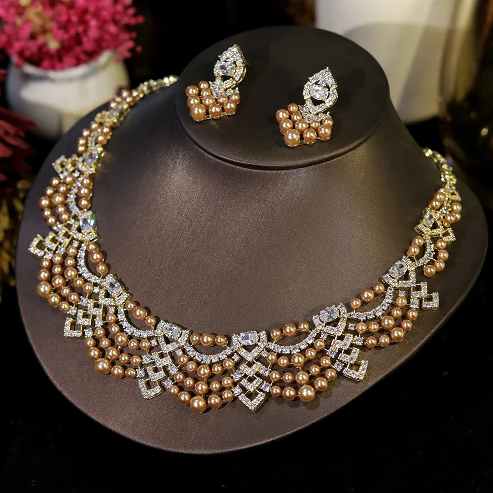 Luxury Crystal Zircon Circular Shape golden Pearl Necklace Women Dubai Bridal Wedding Birthday Party Indian Jewelry Set Gift