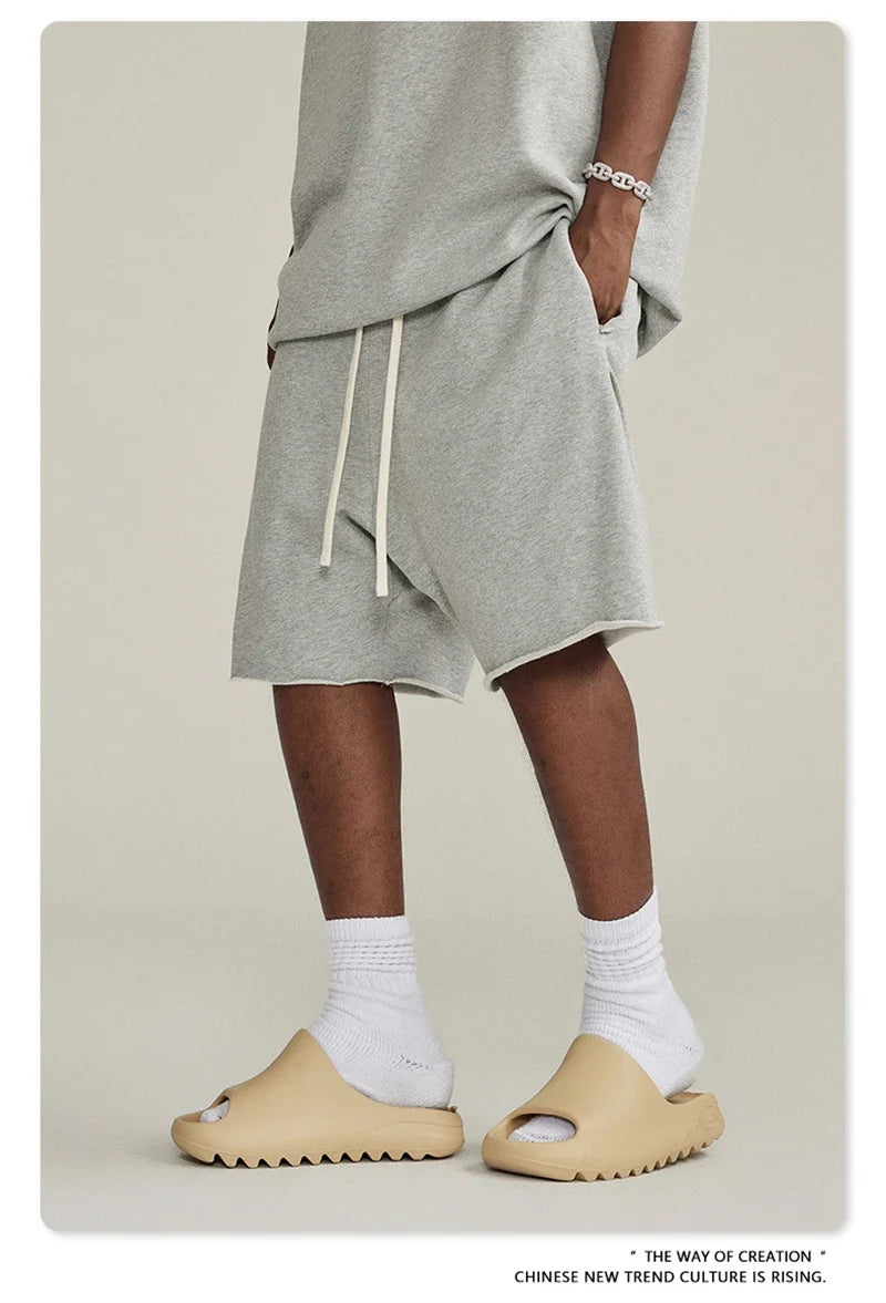 New Summer Men Retro Washed Shorts Unisex Drawstring Loose Edge 420gsm Solid Knee Length Cotton Pants Streetwears HY0589