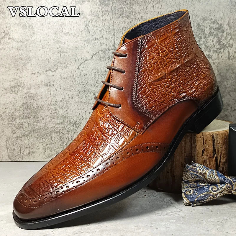 Luxury Brand Men Ankle Boots Shoes Black Brown Crocodile Prints Lace-up Mens Dress Boots Genuine Leather Dress Boots Men