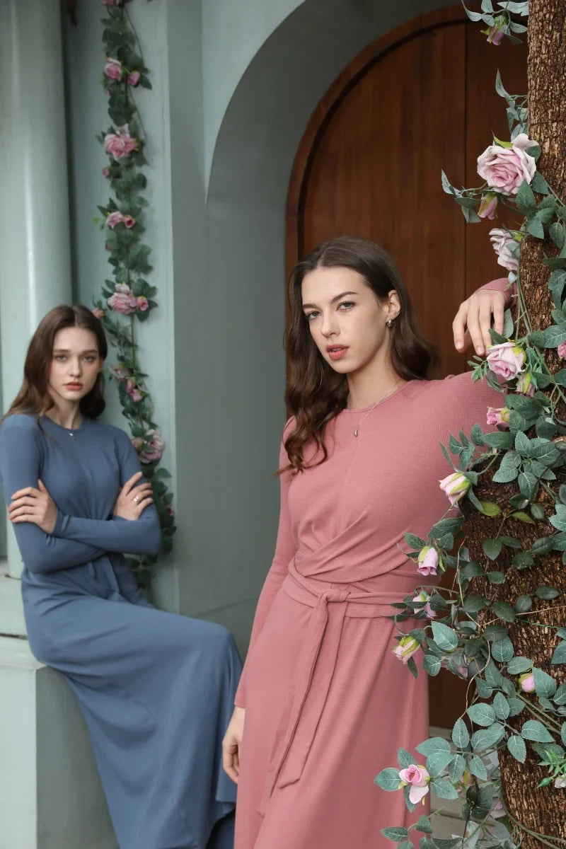 2025 summer ribbing closed-fit wrap tops + Aline dress high Stretch matching sets