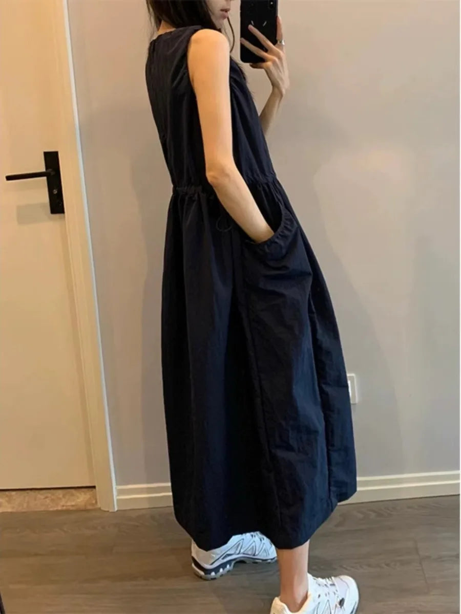 Loose Casual Women's Dr Summer 2026 New Korean Sle Dstring Waistl Svel Vest Skirt A-Line Midi round Ne