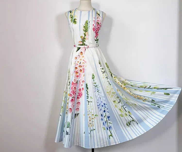 2026 Spring Women's New Fashionable Round Neck Sleeveless Printed Cotton Belt Waist cinching Dress ﻿