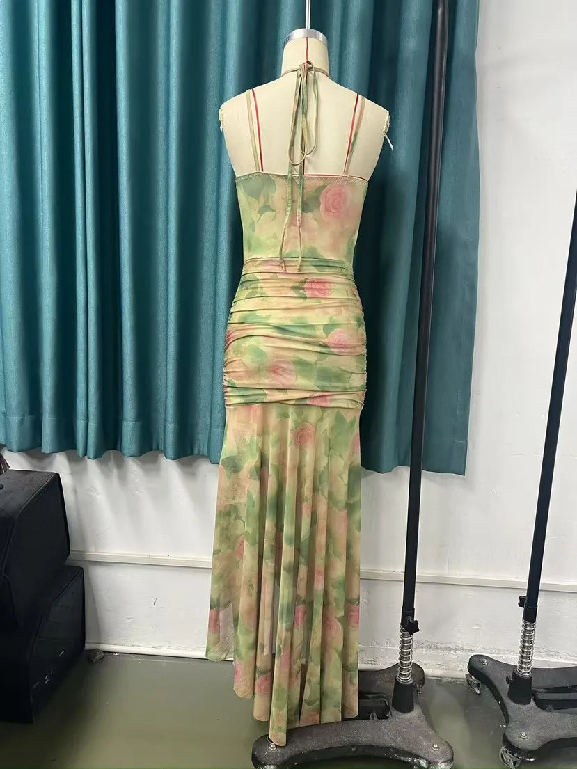 Sexy Sleeveless Floral Print Long Dresses Fashion Women Split Spaghetti Strap Summer Bodycon Casual Beach Evening Party Vestidos