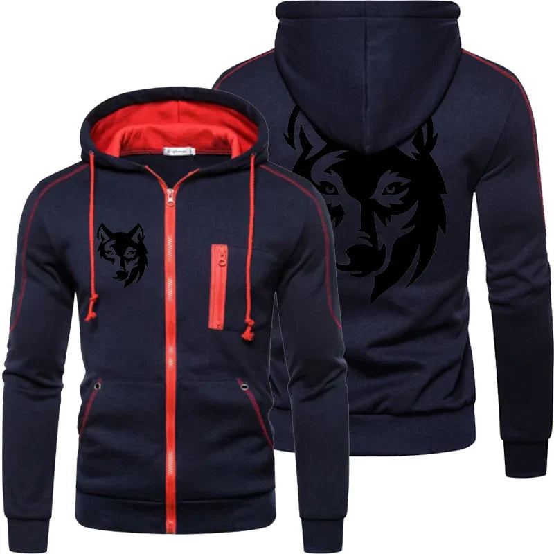 Men's Sweatshirt Long Sleeve Jacket Hoodie Zipper Closure Jacket Men's Hoodie Funny Wolf Printed Fall and Winter Jacket