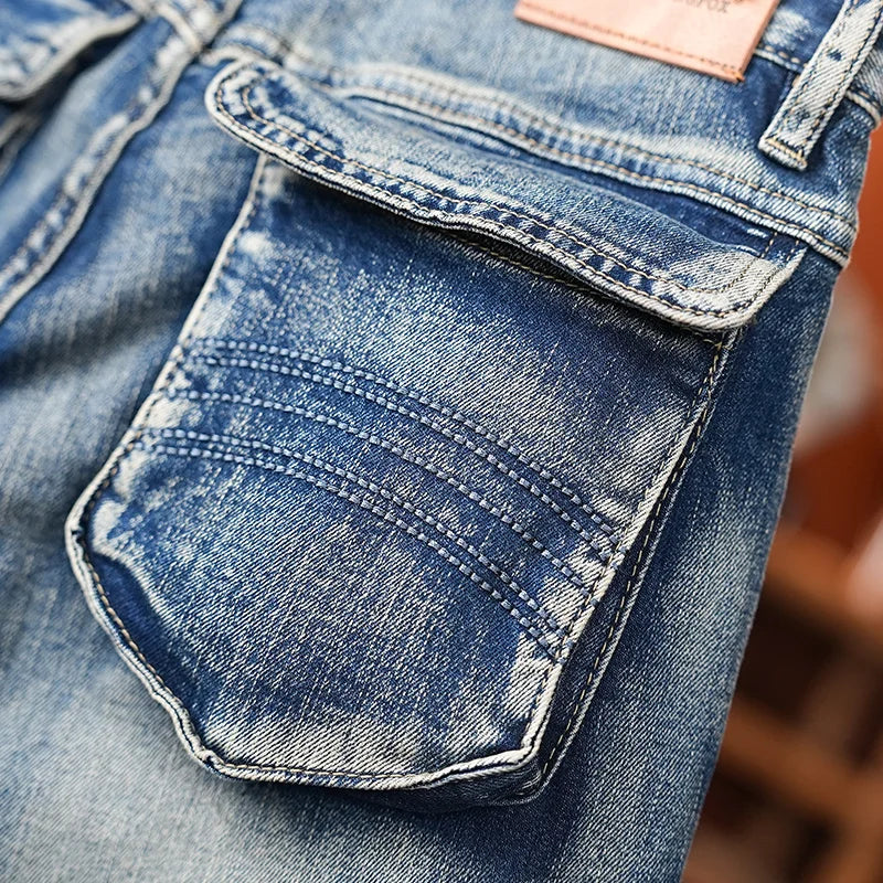 American Style Workwear Denim Shorts Summer Elastic Outdoor Trendy Brand Multi-pocket Loose Shorts Y2k Street Knee-high Pants