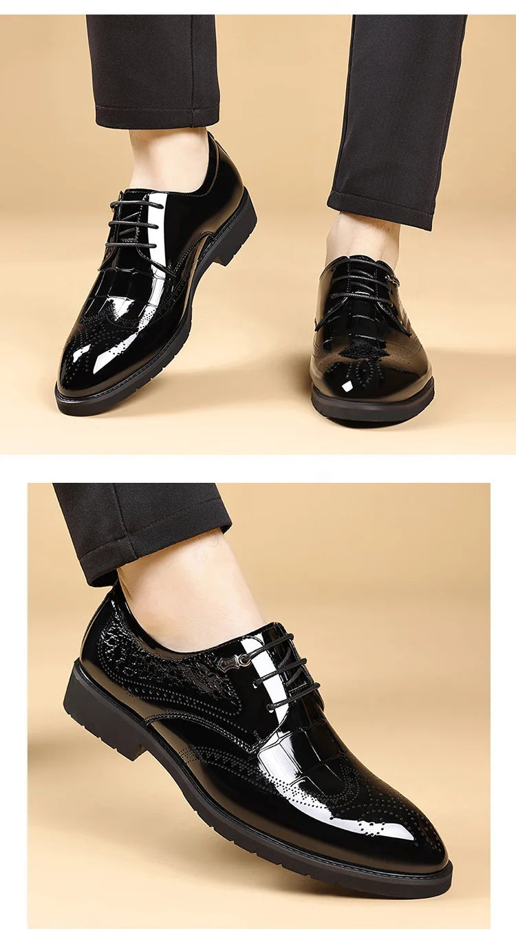 Lace Designer Fashion Business Casual Shoes for Men Spring Summer New Patent Leather Shoes Male Solid Color Wedding Shoe Man
