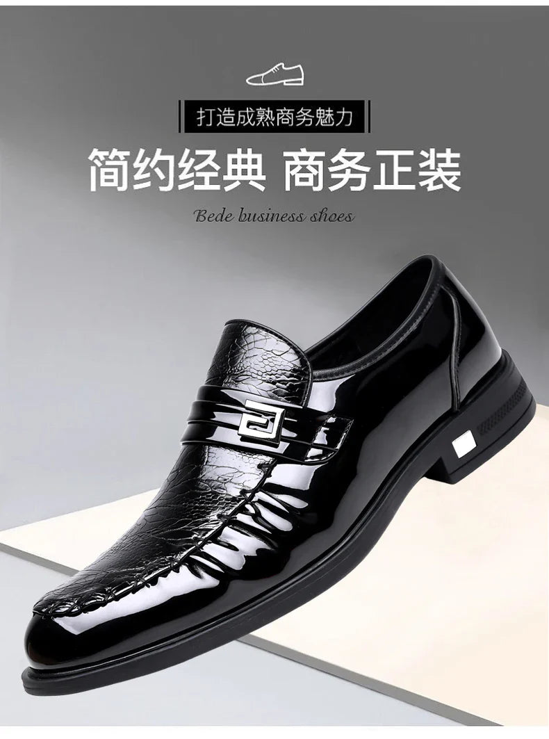 Men's Brown Crocodile Pattern Dress Shoes Patent Leather Slip-on Loafers Formal Business Wedding Oxfords for Men