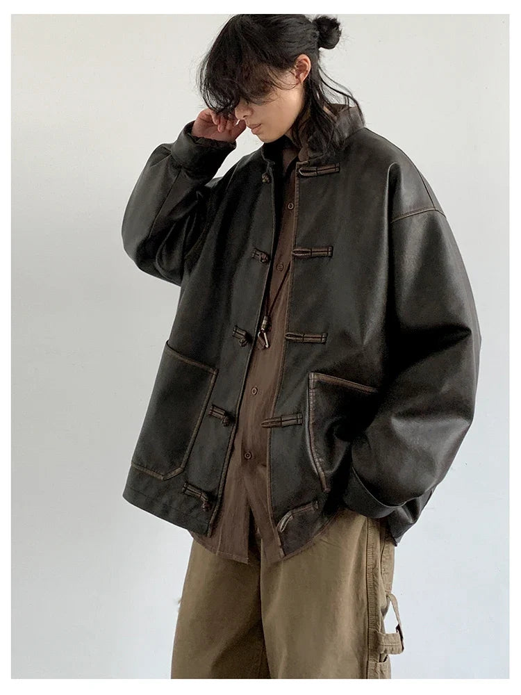Spring Cool Oversized Vintage Distressed Pu Leather Jacket Men Elegant Luxury Designer Chinese Style Clothes 2024