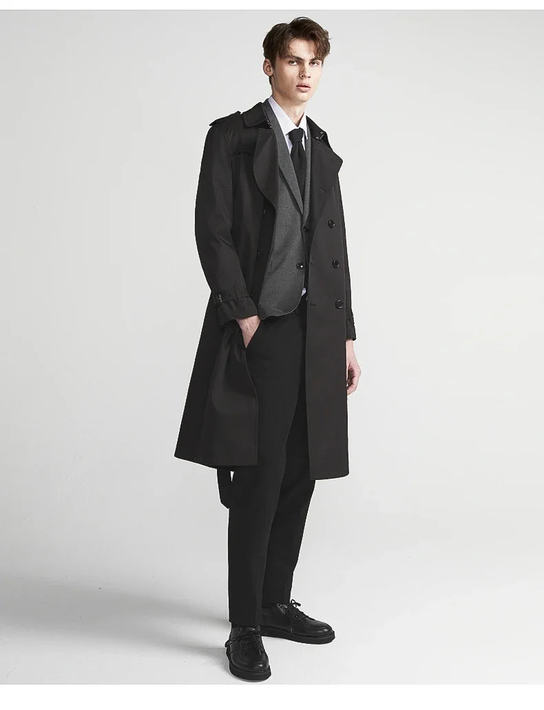 Spring Autumn Long Chic Khaki Trench Coat Men Belt Double Breasted Elegant Luxury British Style Black Overcoat 2025