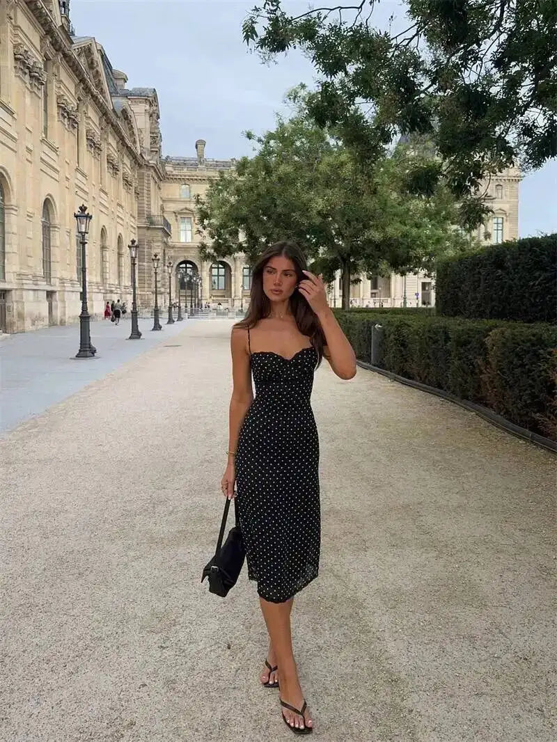 Polka Dot Spaghetti Strap Sexy Midi Dress Women Elegant Off-shoulder Backless Sleeveless Bodycon Club Party Dress