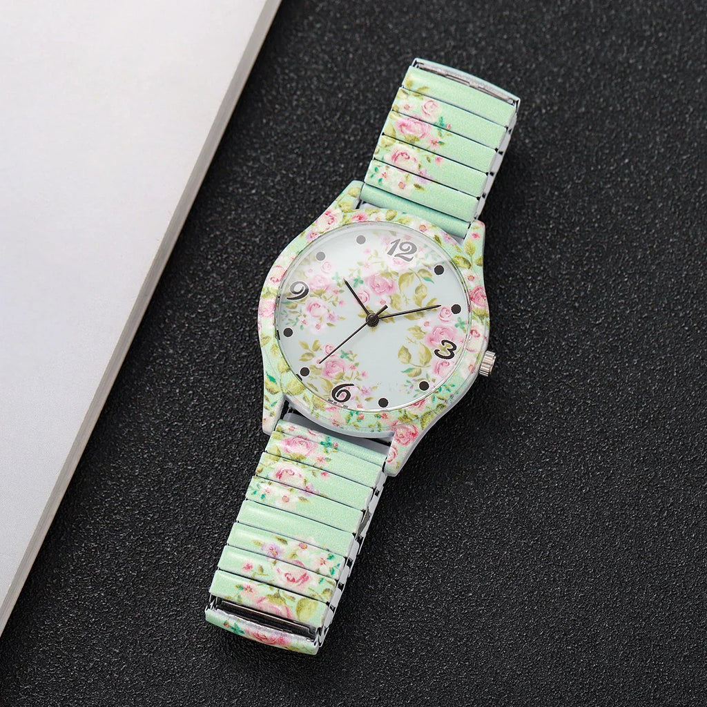 2/3PCS Fashion Flower Printed Women Quartz Wristwatches Set Ladies Casual Elastic Strap Arabic Dial Watch（Without Box）