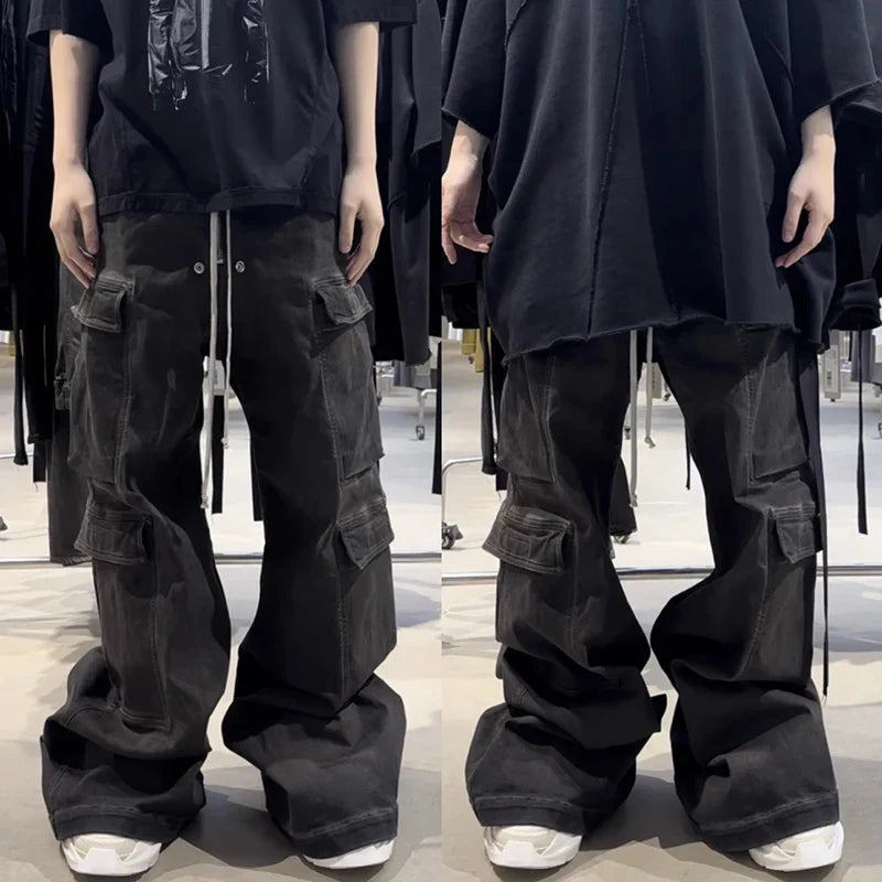 RO Style Ribbons Wide Leg Multi-Pockets Smoke Grey Baggy Jeans for Men