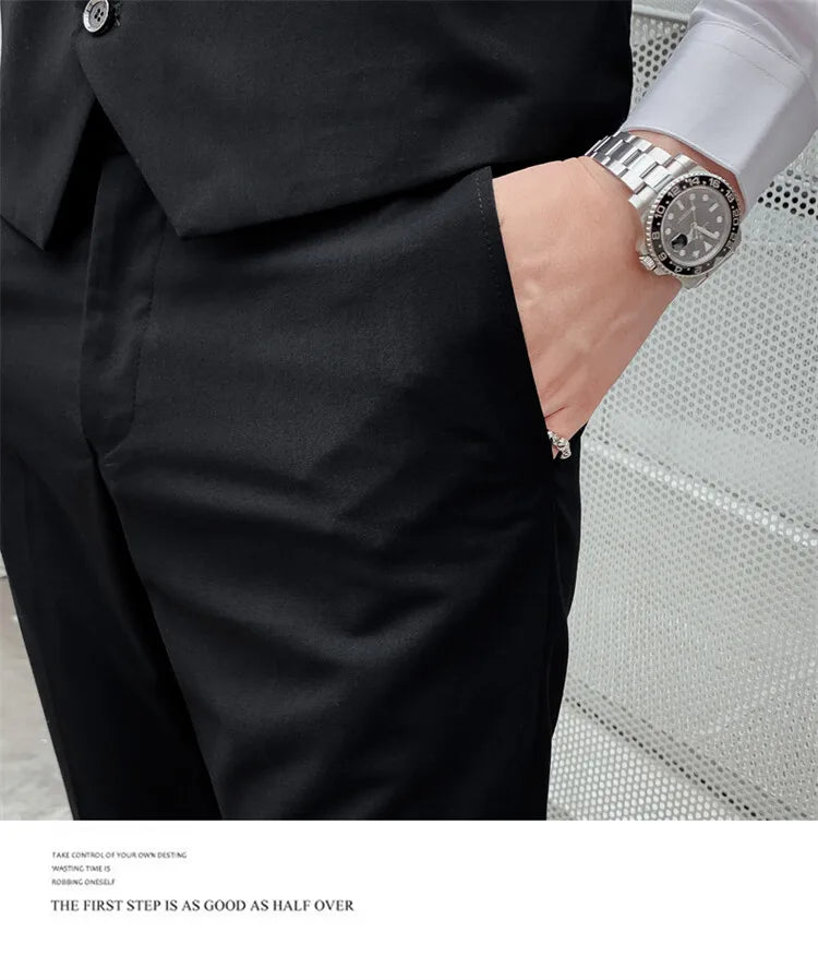 Solid Color Suit Men's Fashionable Gentleman Business Banquet Korean-style Formal Dress Casual Wedding (Blazer+Vest+Trousers)