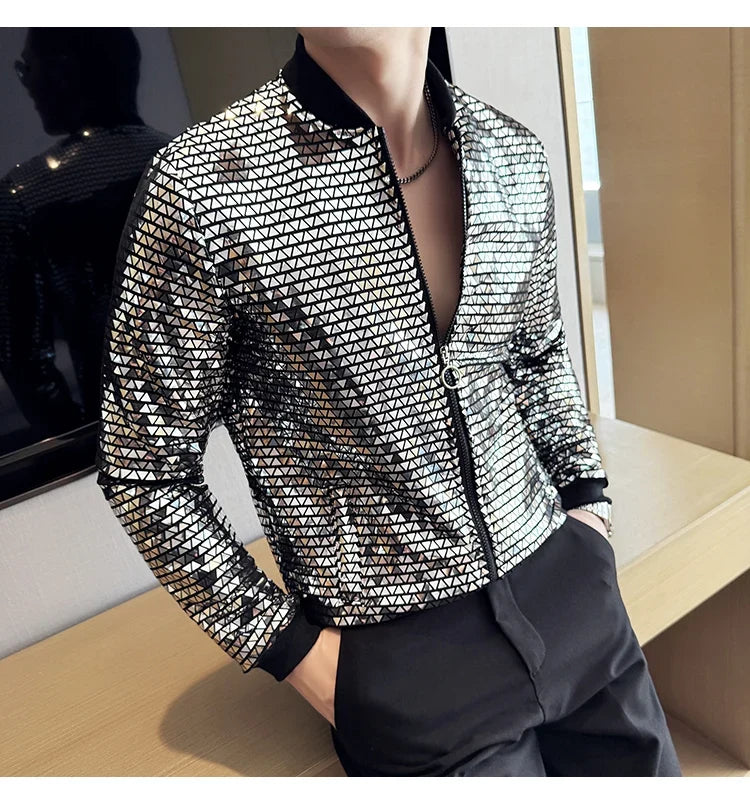 Men's Fashionable and Personalized Silver Sequin Jacket Summer New Ball Performance Suit Jacket Hip-hop Fashion Street Wear
