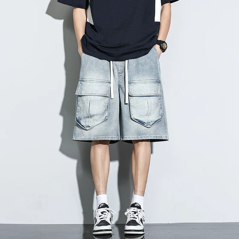 Bermuda Men's Denim Shorts Summer New Fashion Loose Jeans Casual Vintage Drawstring Cargo Short Pants Male Streetwear