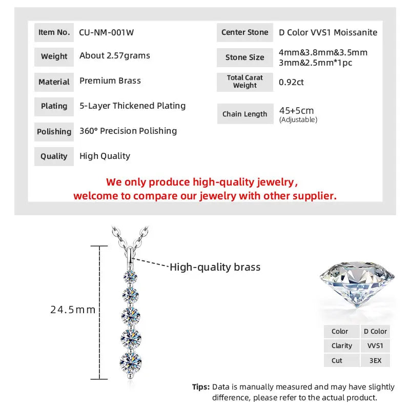 GRA Certified D VVS1 Full Moissanite Diamond 5-Stone Pendant Necklace for Women Girls Chain Neck Jewelry Gifts Collares