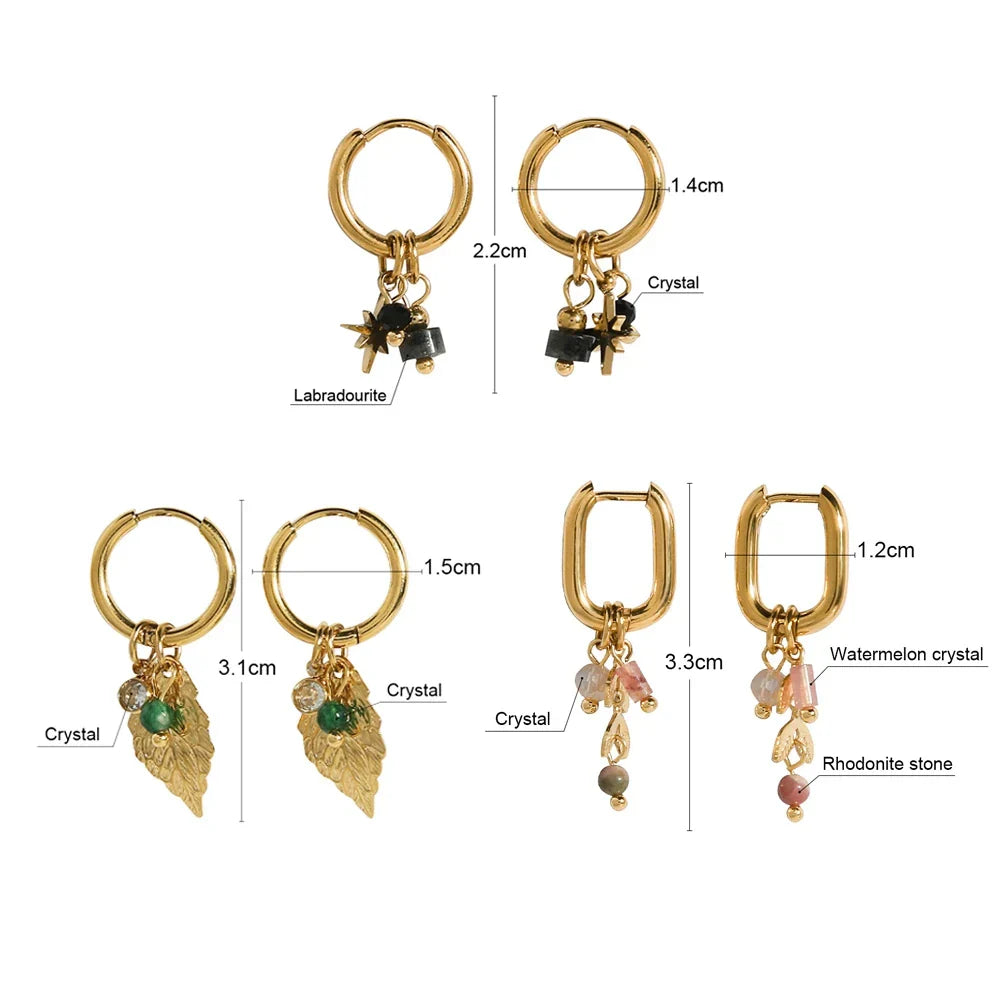 18K Gold Plated Stainless Steel Hoop Earrings for Women Vintage Green Natural Stone Charms Trendy Waterproof Jewelry