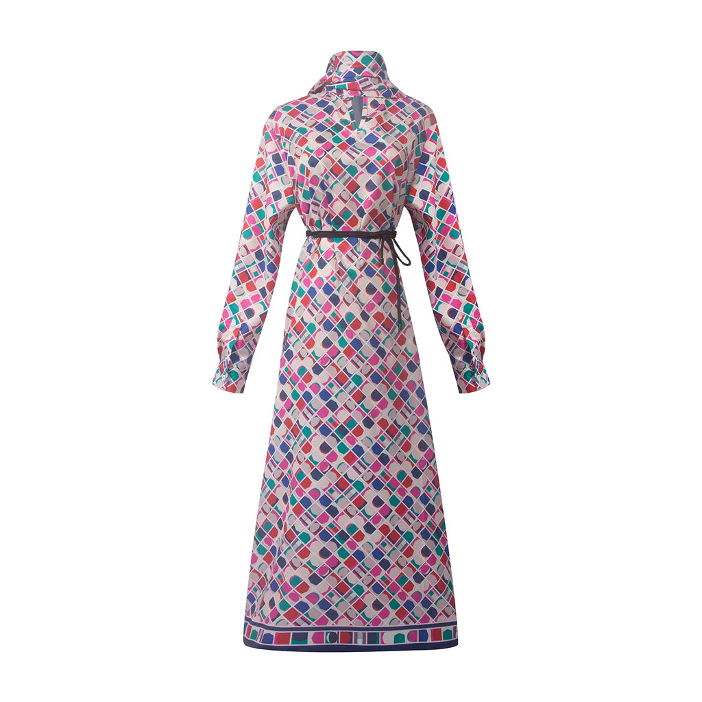 Women Vintage Printed Long Dresses 2025 New Fashion Women Long Sleeve Belt Midi Dress Ladies Elegant Party Dresses
