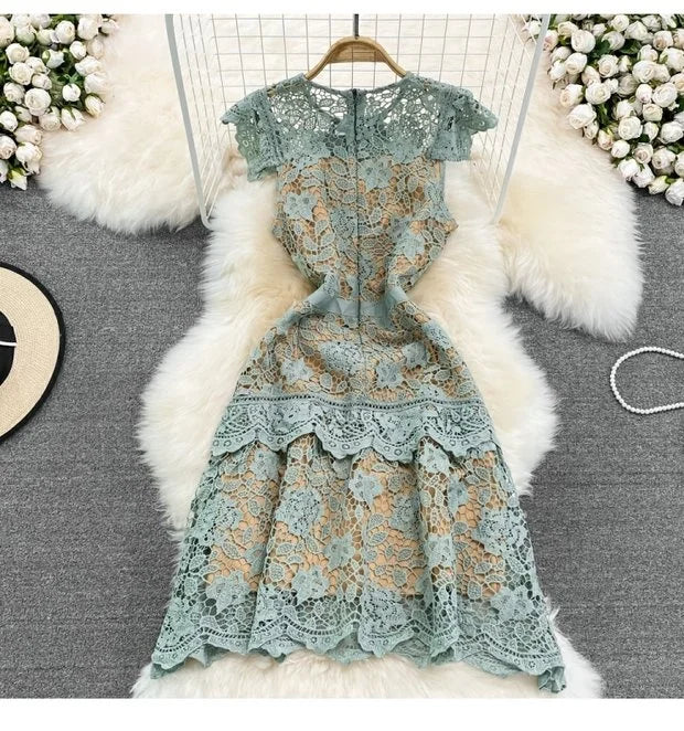 Retro Court Sle round Ne Fly Sve Slimming Soluble Hook Flower Hollow A-Line Dr Summer New Arrival Women's Faion