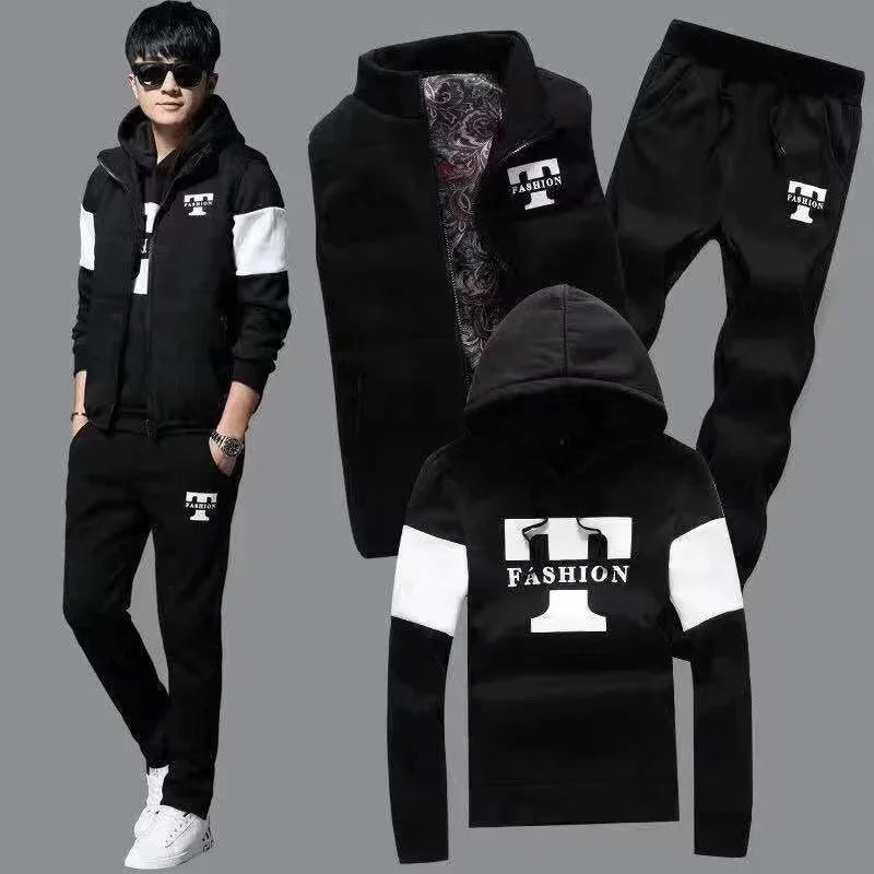 3 Pieces Set Hoodies+Vest+Pants Casual Track Suit Clothing Coats Winter Thick Warm Tracksuit for Couple Printed Mens Set Vest