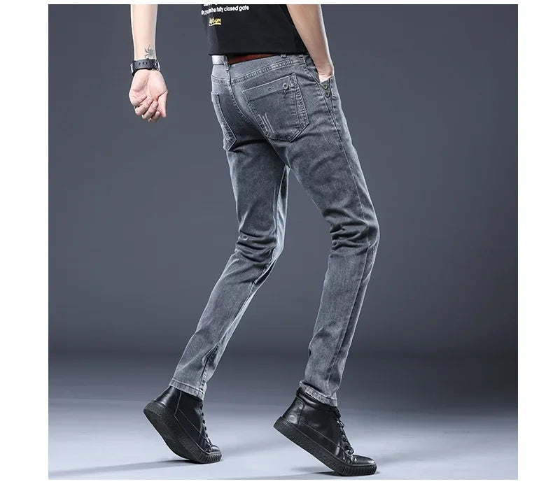 2026 New Gray Skinny Jeans Men's Slim Elastic Korean Fashion Vintage Casual Feet Male Clothing Denim Trousers 27-36