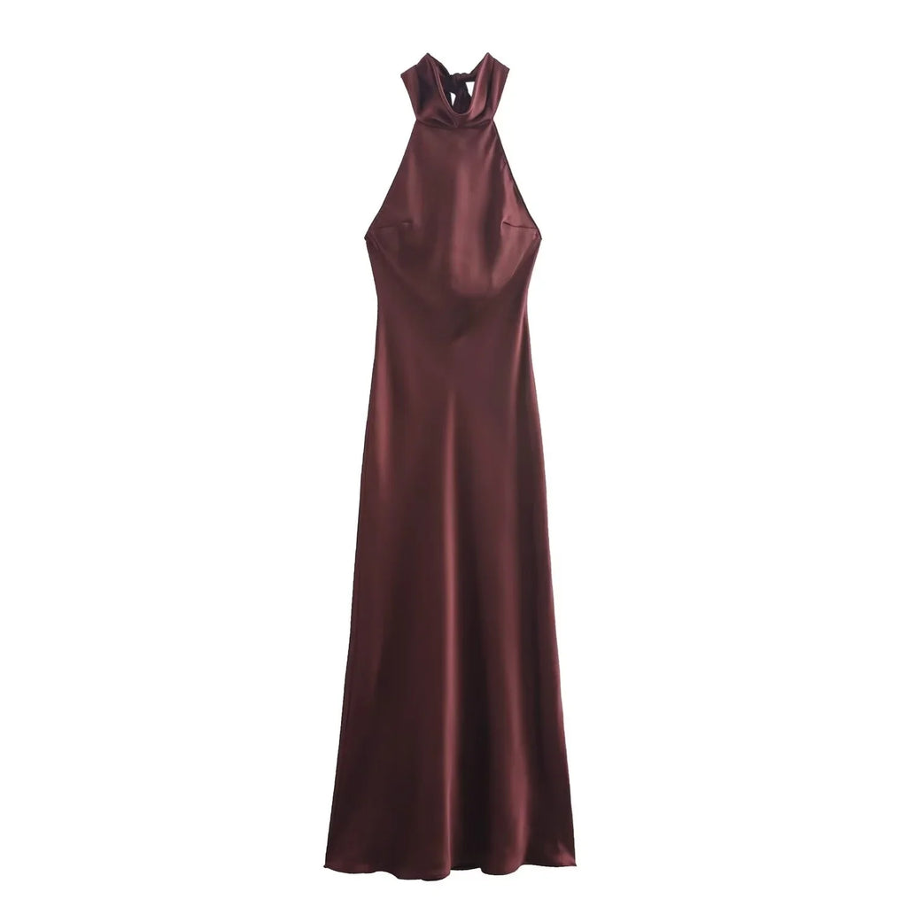 Dress for Women Fashion 2024 Autumn New Bow Sexy Backless French Elegant Halter Neck Satin Texture Midi Dresses