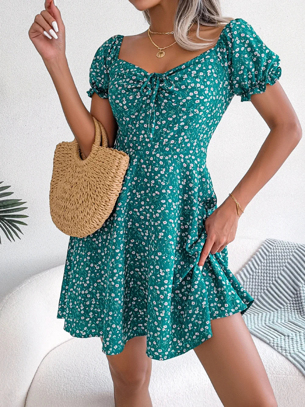 Women Casual Square Neck Flare Short Sleeve Floral Dress Elegant A Line Dress for Spring Summer 2026 Fashion Woman Clothing