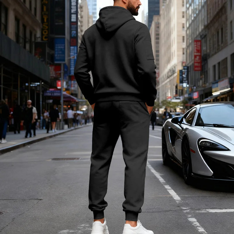 Autumn and winter men's velvet loose casual tooling outdoor sports fashion hooded sweater set