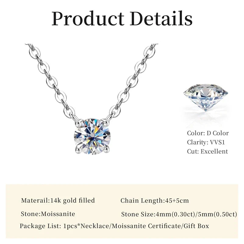 Certified 4mm/5mm Moissanite Pendant Necklace For Women Exquisite 14K Gold Filled Solitaire Drop Necklaces Jewelry Gift