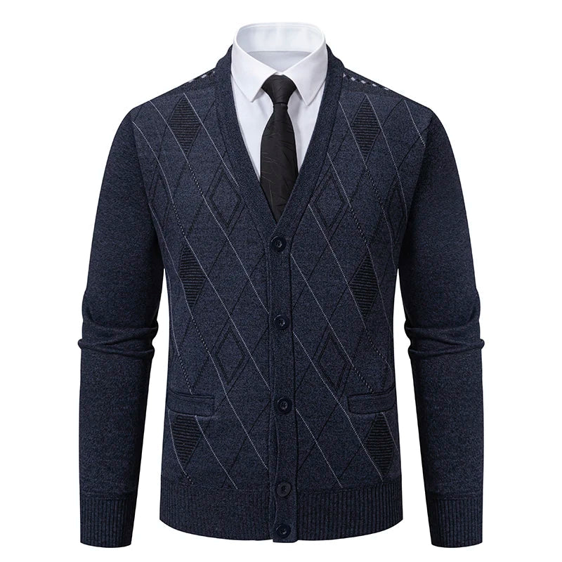 Men Plaid Cardigan V-neck Fleece Sweater Men's  Autumn Clothing Classic Cardigans Jacket Button Mens Knitting Outwear