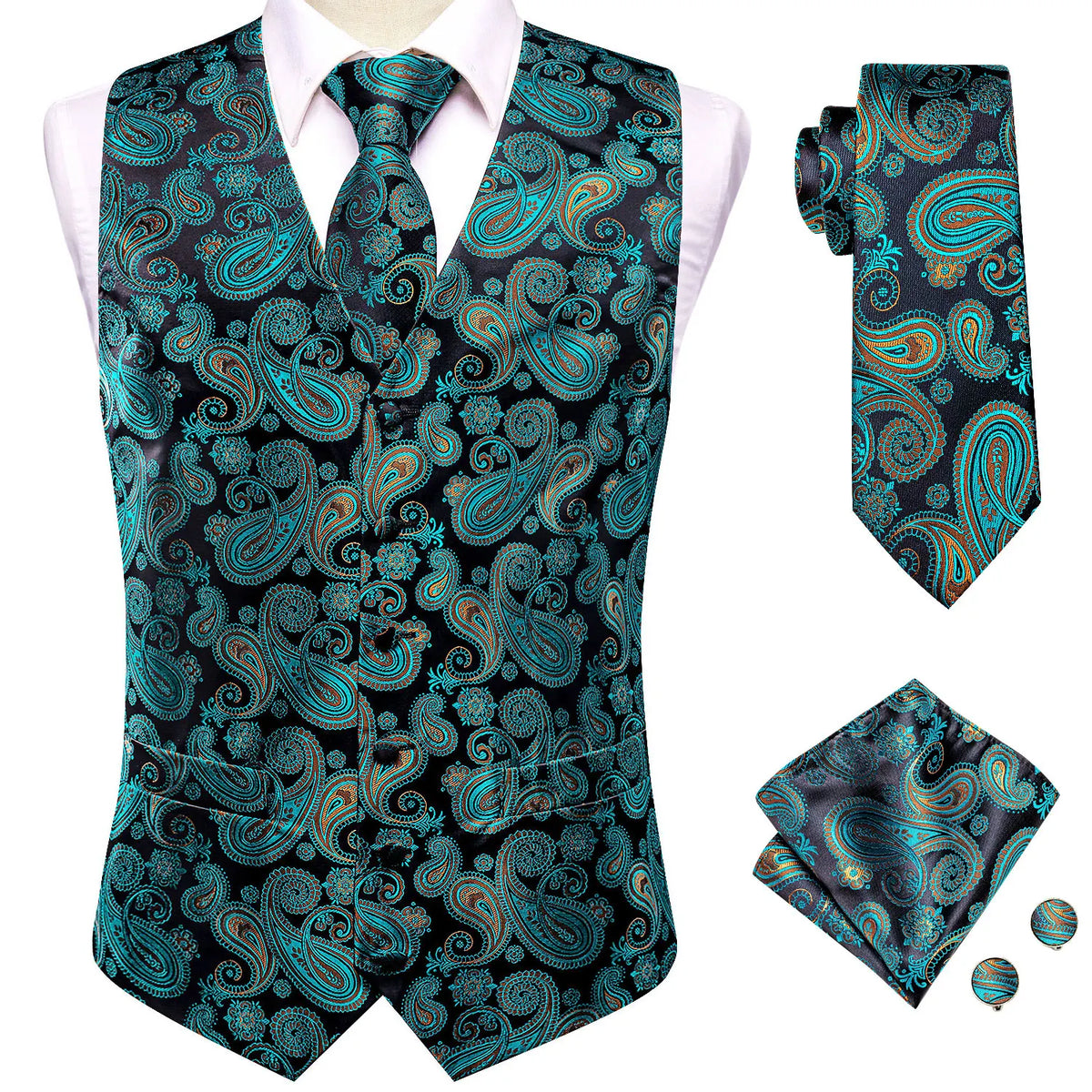 Formal Rose Pattern Paisley Plain Solid Mens Vest Party Wedding Waistcoat Pocket Square Tie  Hankie Suit Set