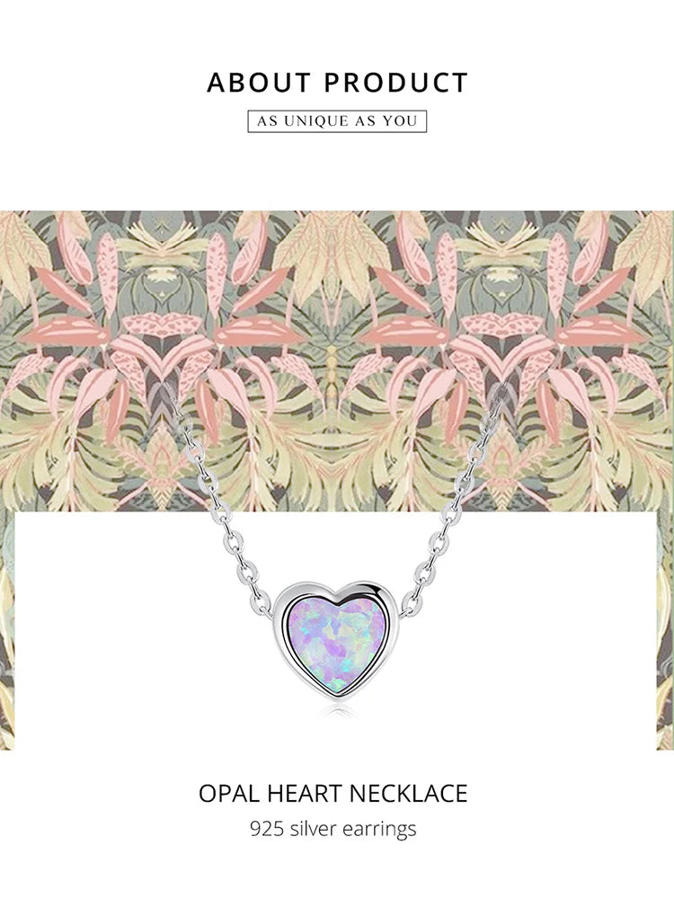 Genuine 925 Sterling Silver Opal Heart Pendant Necklace for Women Fine Jewelry Anniversary Gift