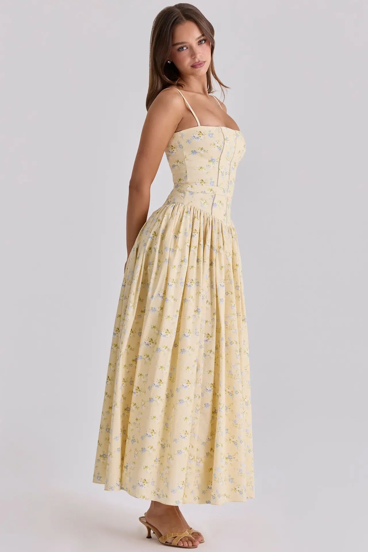 Women Long Floral Print Spaghetti Strap Maxi Dress Summer Elegant Lace Up Dress Flowy Holiday Party Beach Wear Dress