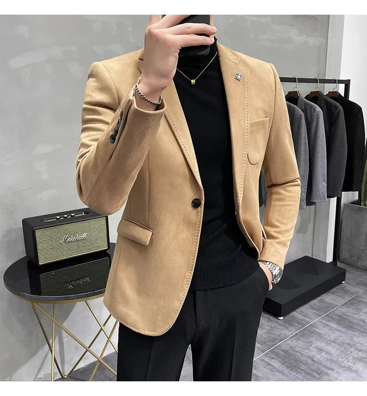 Plus Size 4XL-M Autumn Deerskin Velvet Jackets Blazer 6 Color Men Business Slim Blazers Hommes Casual Wedding Tuxedo Suit Coat