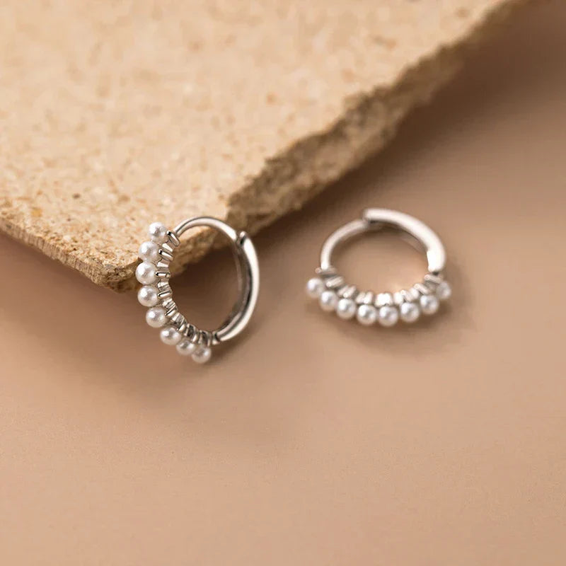 925 Sterling Silver Vintage Simple Pearl Huggies Ear Buckles for Women Charms Party Piercing Hoop Earrings Jewelry Gift