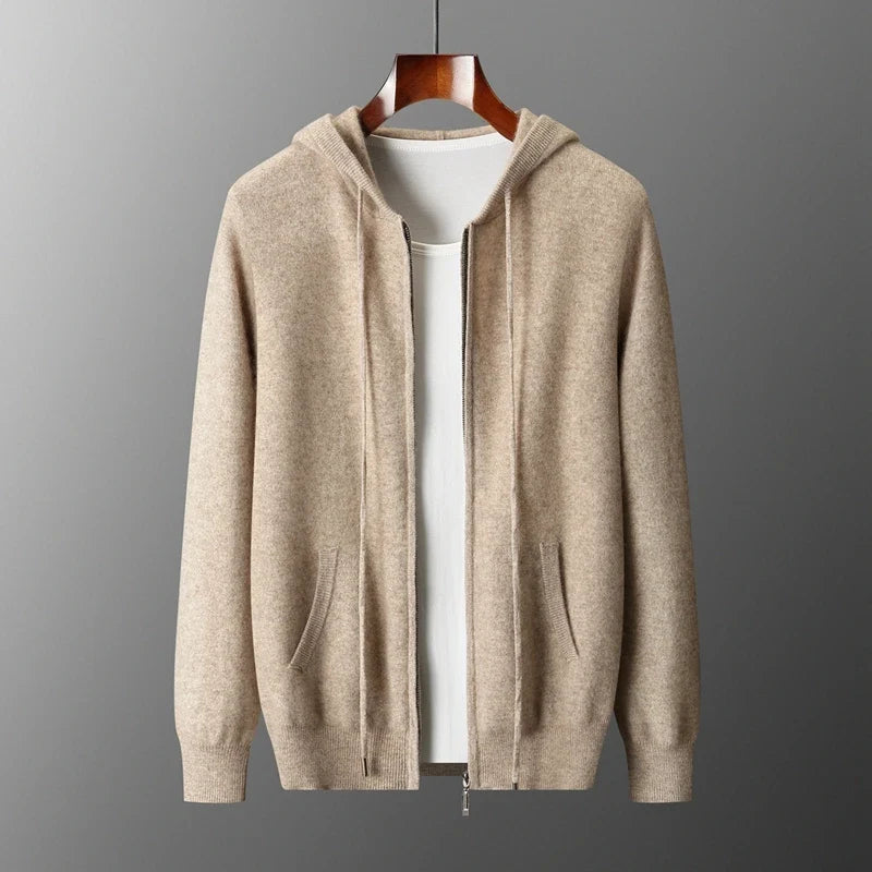 2025 New Men Knitted Plane Hooded Cardigan Cashmere Sweater Zipper Design Pocket Decoration High quality Thick Warmth Hoodie