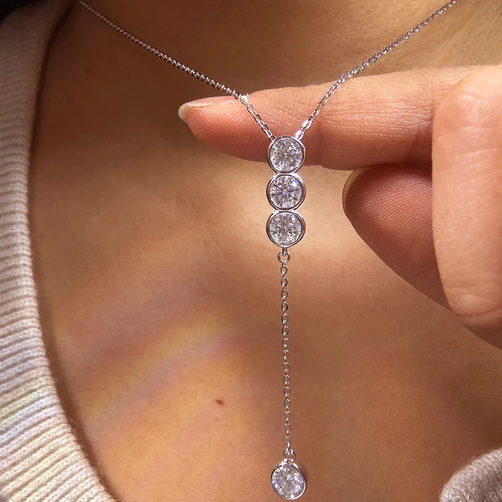 3/5mm Round Bubble Bezel Set Moissanite Diamond Pendant Necklace for Women 925 Sterling Silver Y-Shape Long Tassel Neckchain