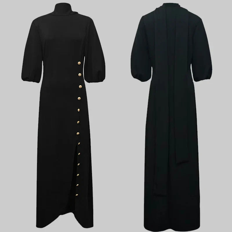 Wedding Prom Evening Gown Party Slit Maxi Dresses for Woman 2025 New Lace Up Gold Button Womens Black Autumn Long Dress