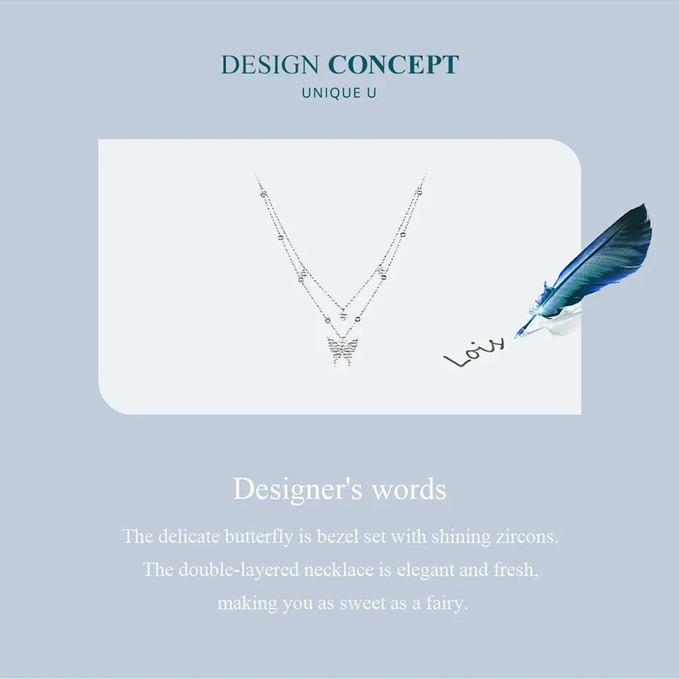 925 Sterling Silver Double-layer Tassel Butterfly Pendant Necklace for Women Engagement Gift Fine Jewelry BSN308
