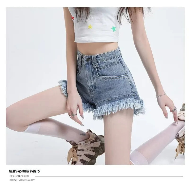 Women's Pear-shaped Friendly Denim Shorts 2026 Summer New High Waist Frayed Hem Casual Streetwear Wide Leg Hot Pants