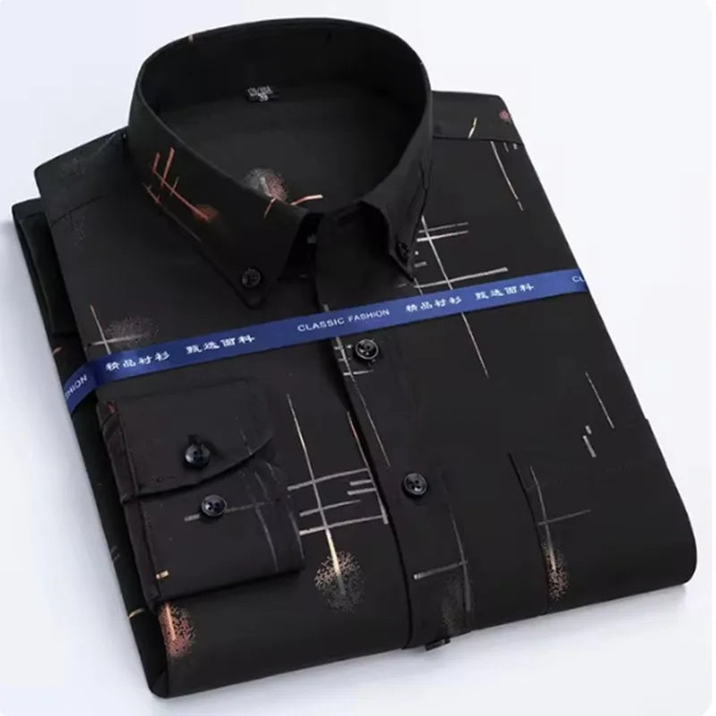 Men's Long Sleeved Shirt Hot Selling Spring Autumn Wrinkle Free Long Sleeve Stylish Business Casual Printe Thin Slim Fit Clothes
