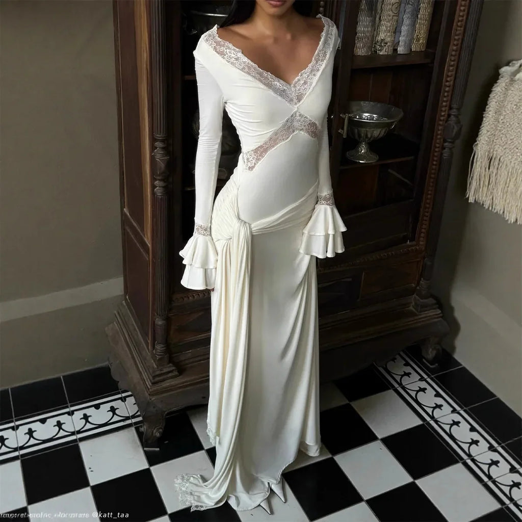 Slim Draped Ruched Hollow Out Maxi Dresses for Women Patchwork Lace V Neck Long Sleeve Long Dress Party Club Evening Robe