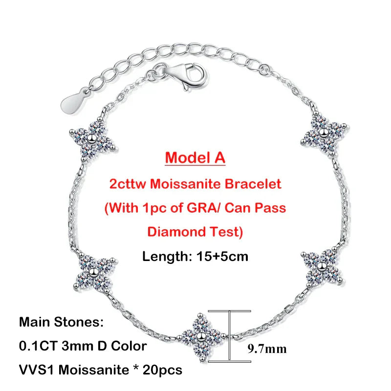 Clover GRA Certified 2cttw D Color Moissanite Bracelet for Women Girl 925 Silver Pass Diamond Test Hand Link Bracelets Gift