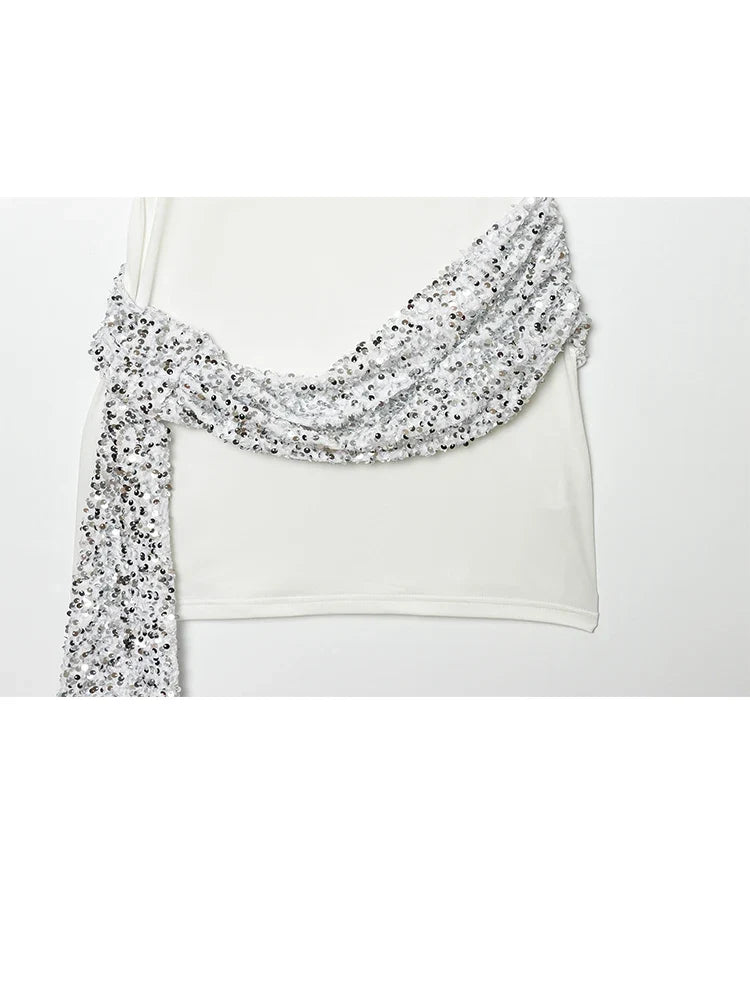 2026 Women Elegant White Short-Sleeved Backless Sequined Splicing Decoration Sexy Short Dress Woman Fashion Party Mini Dress